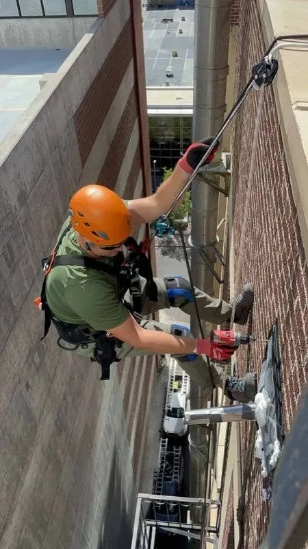 Technician on ropes installing bat exclusion netting along a commercial wall