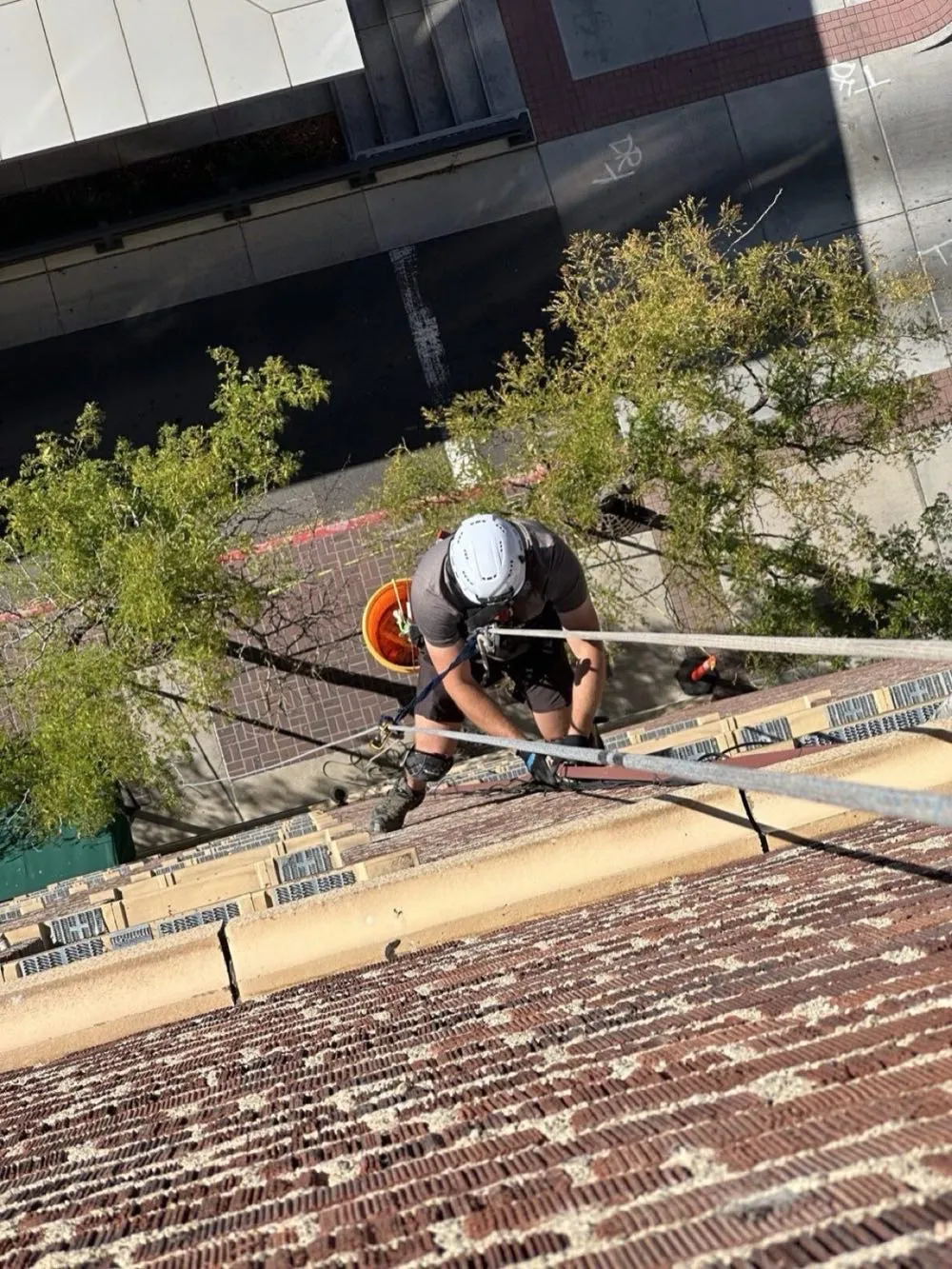Technician on ropes inspecting a tile roof from above
